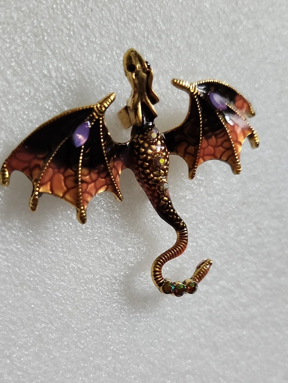 Gold Tone Dragon Brooch with Purple and Orange Enamel Accents